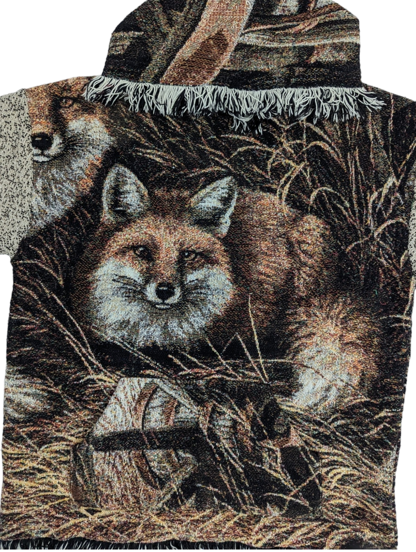close up view of fox image on blanket hoodie.