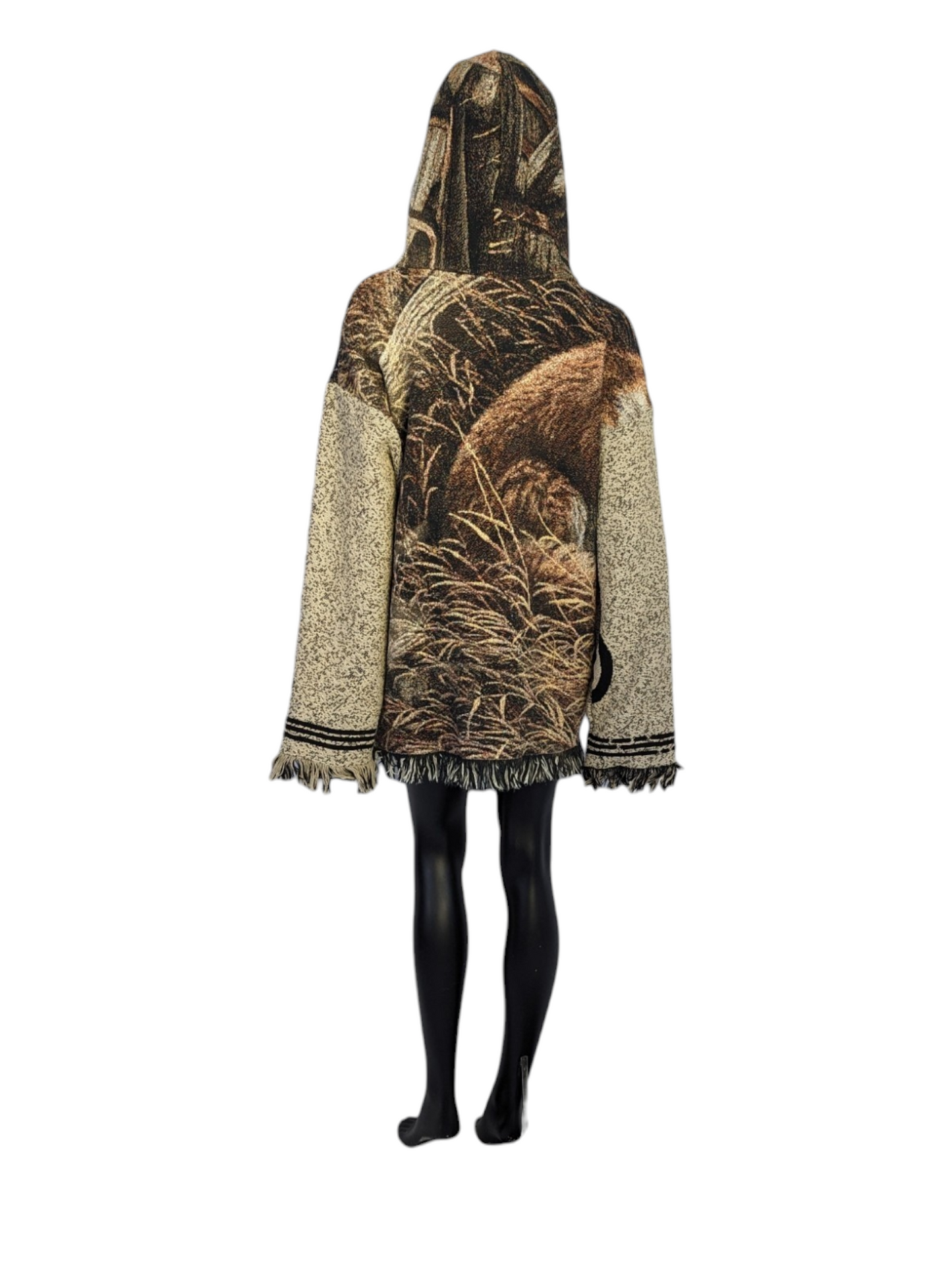 Rear view of mannequin wearing upcycled blanket coat hoodie.