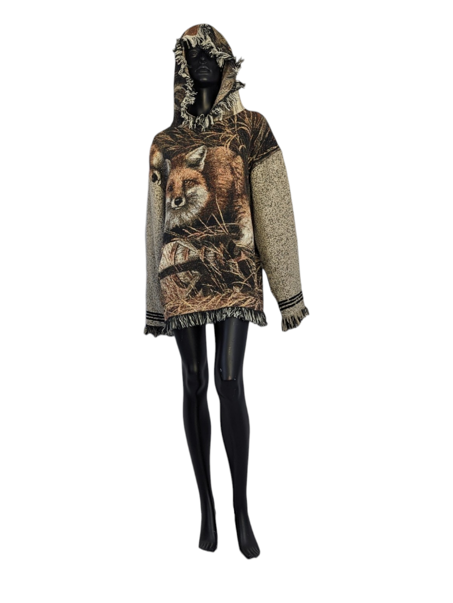 Front view of mannequin wearing fringe hoodie.