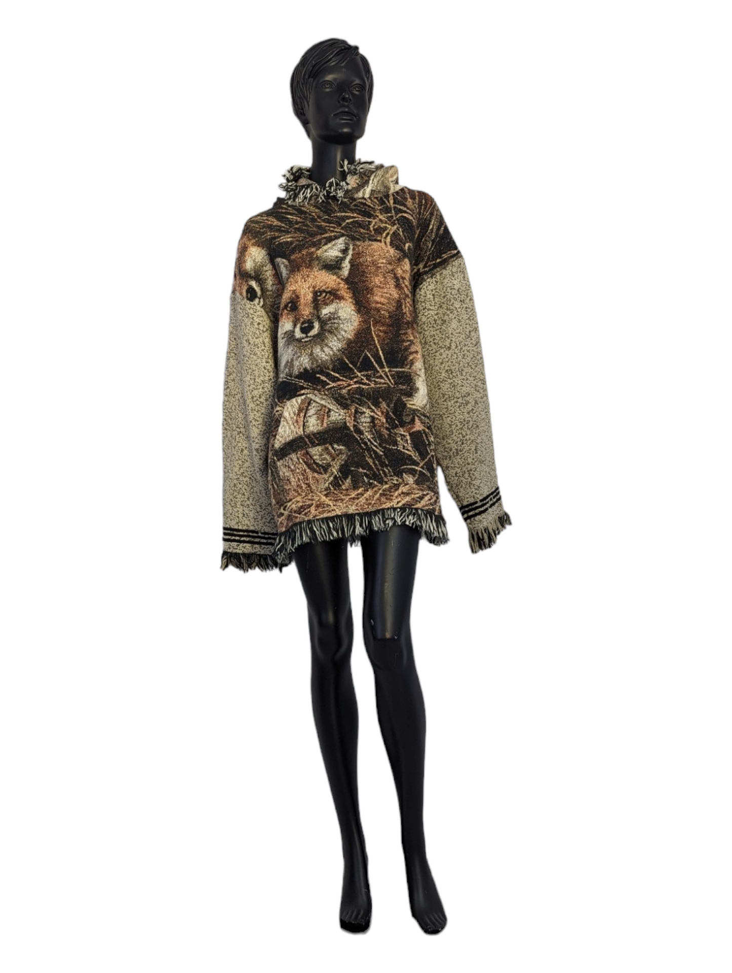 Front view of mannequin wearing upcycled blanket coat.
