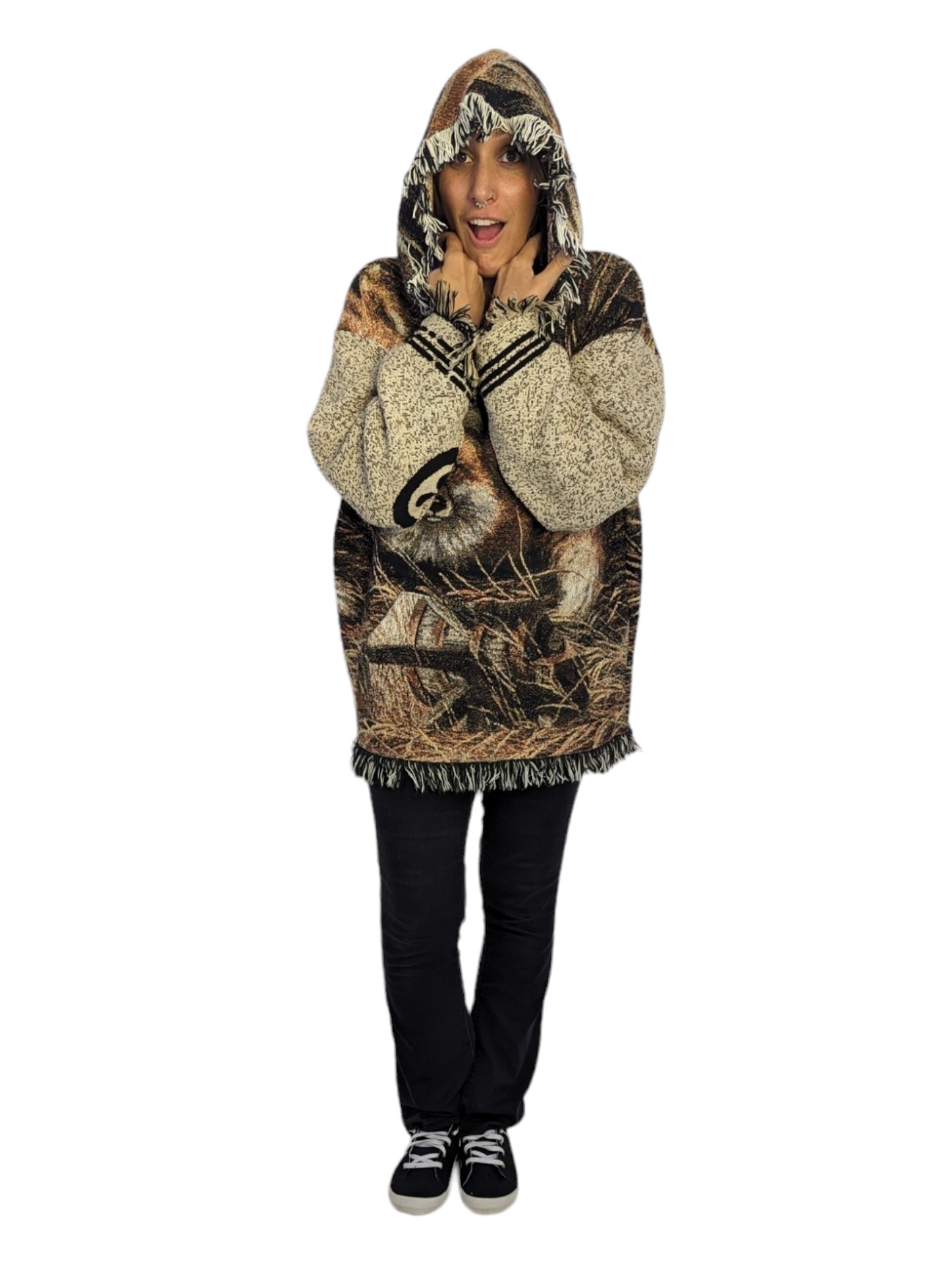 front view of woman wearing hooded woven tapestry blanket hoodie.