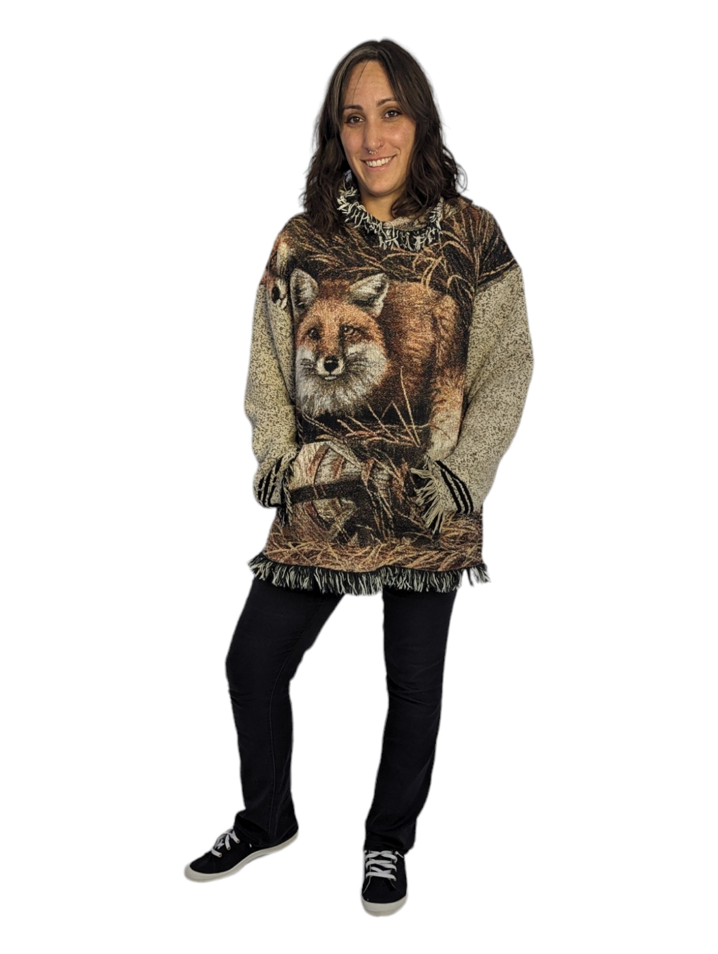 Front view of woman wearing blanket hoodie with fox image.