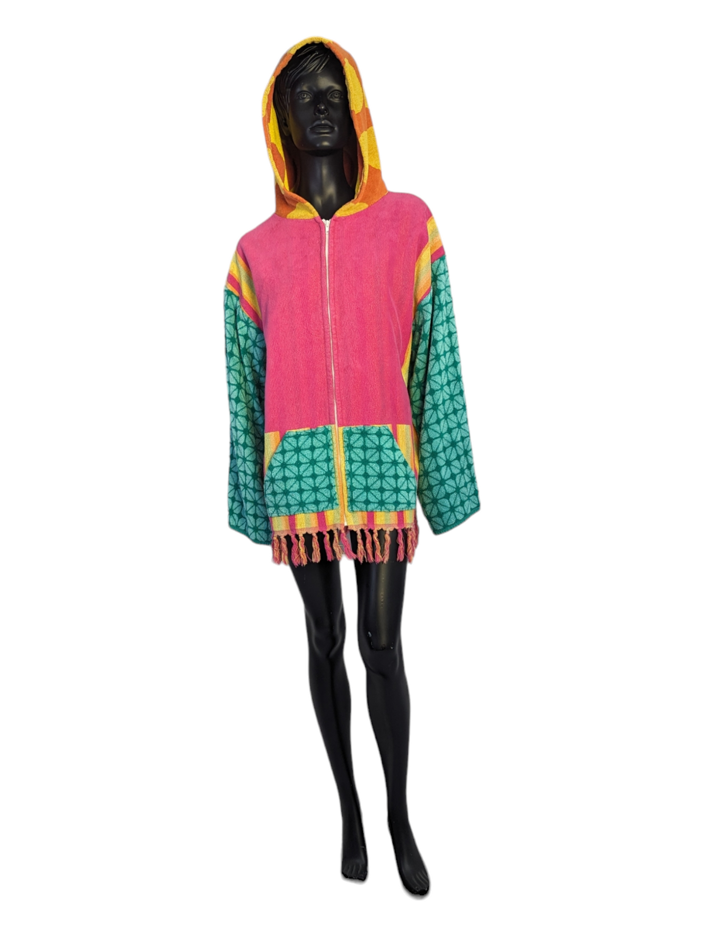 Mannequin wearing handmade towel hoodie with hood up.