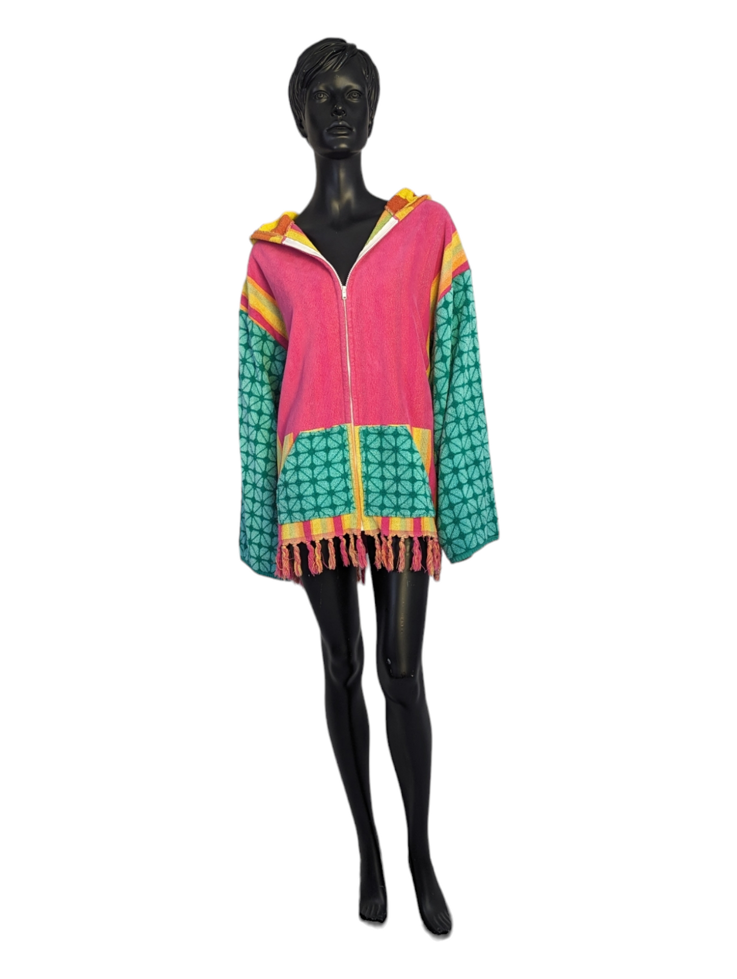 Front view of mannequin wearing upcycled colorful towel hoodie.