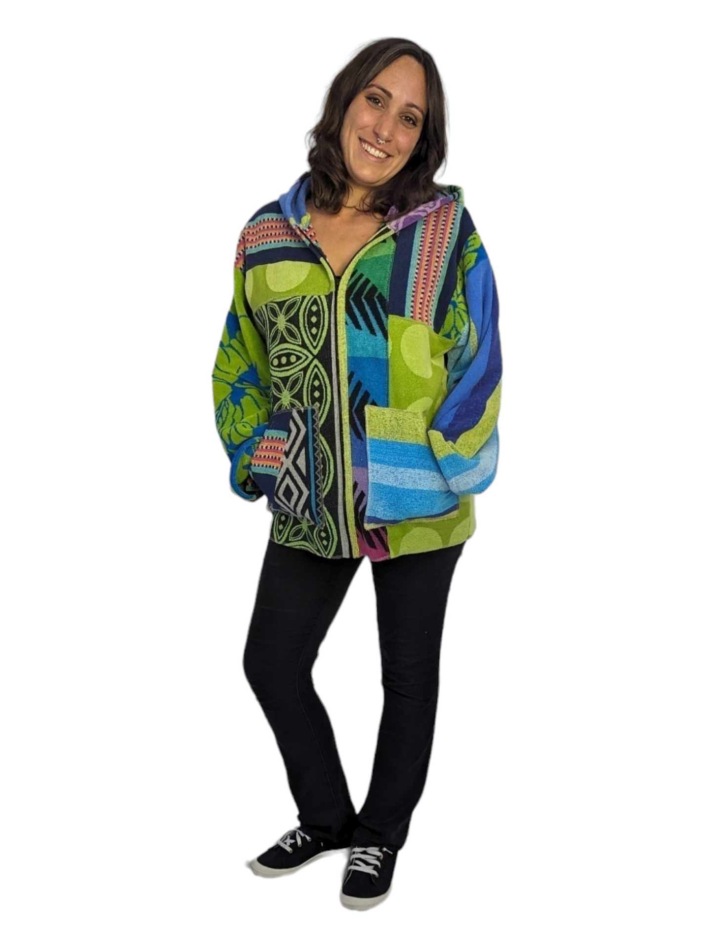 Front view of model wearing patchwork beach hoodie.