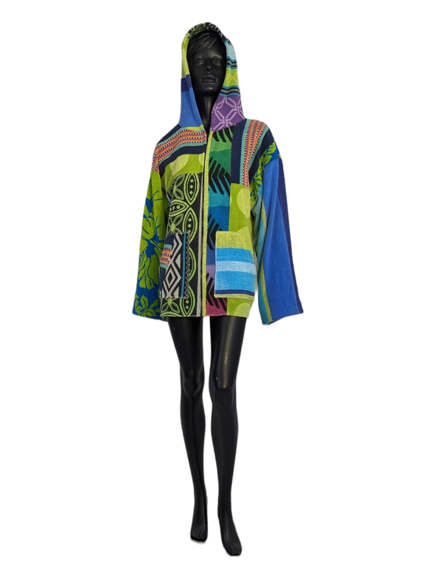 front view of mannequin wearing upcycled towel hoodie with hood up.