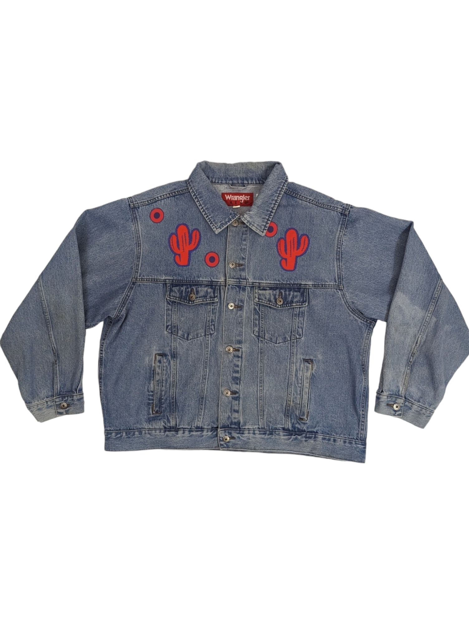 Top view of men's upcycled denim jacket