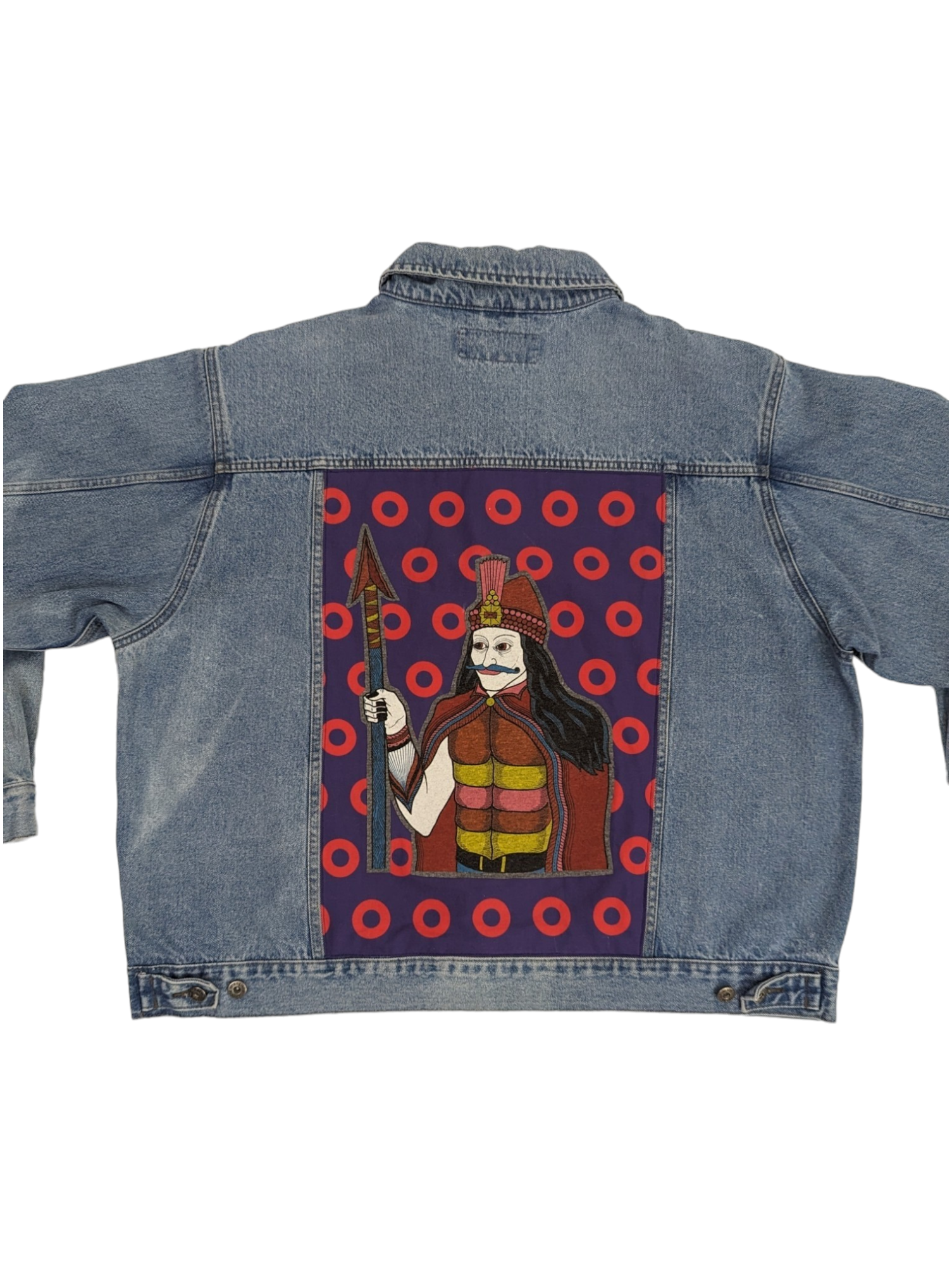 Top rear view of patchwork Phish denim jacket.