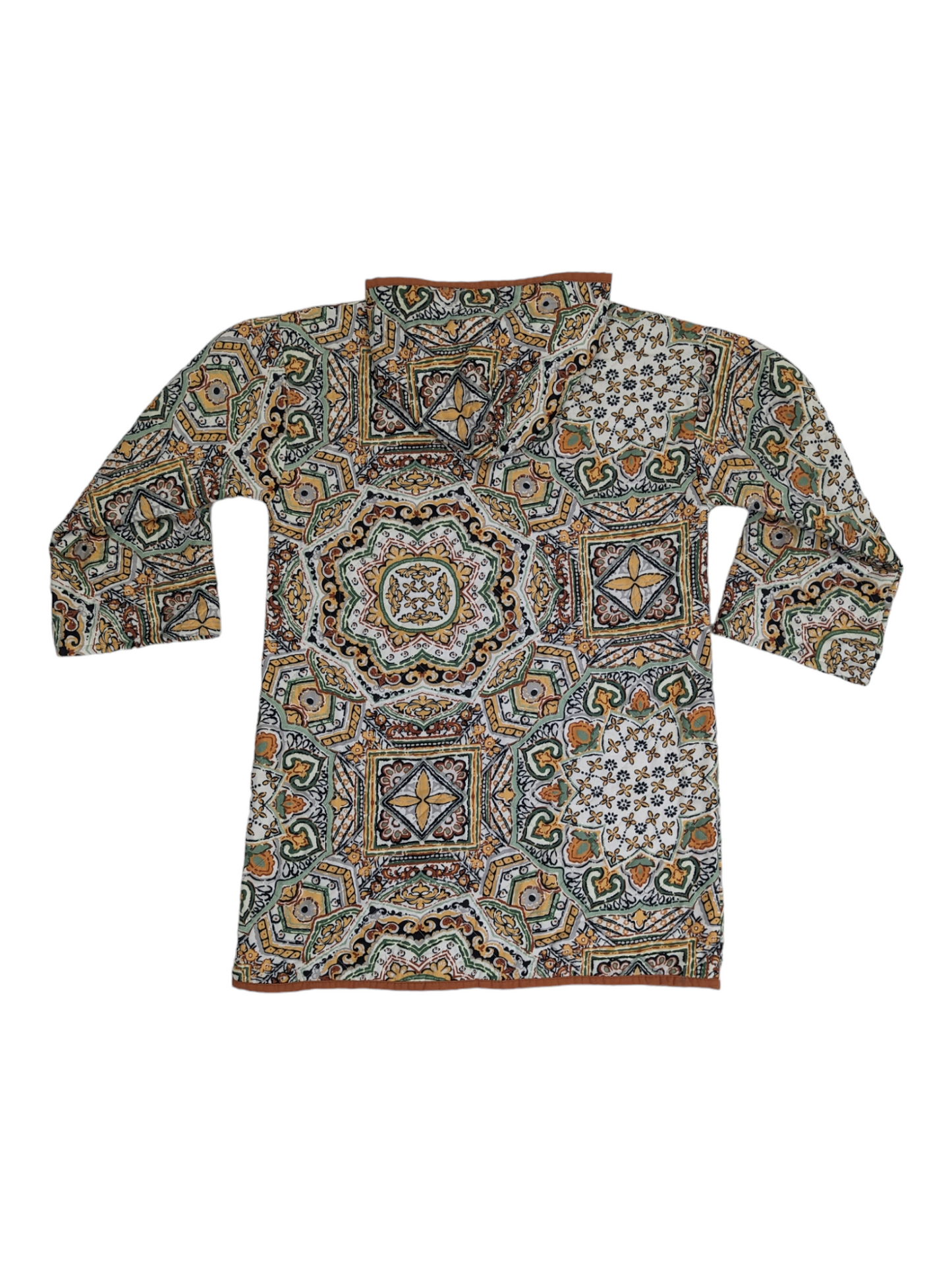 Top rear view of psychedelic paisley quilt hoodie.