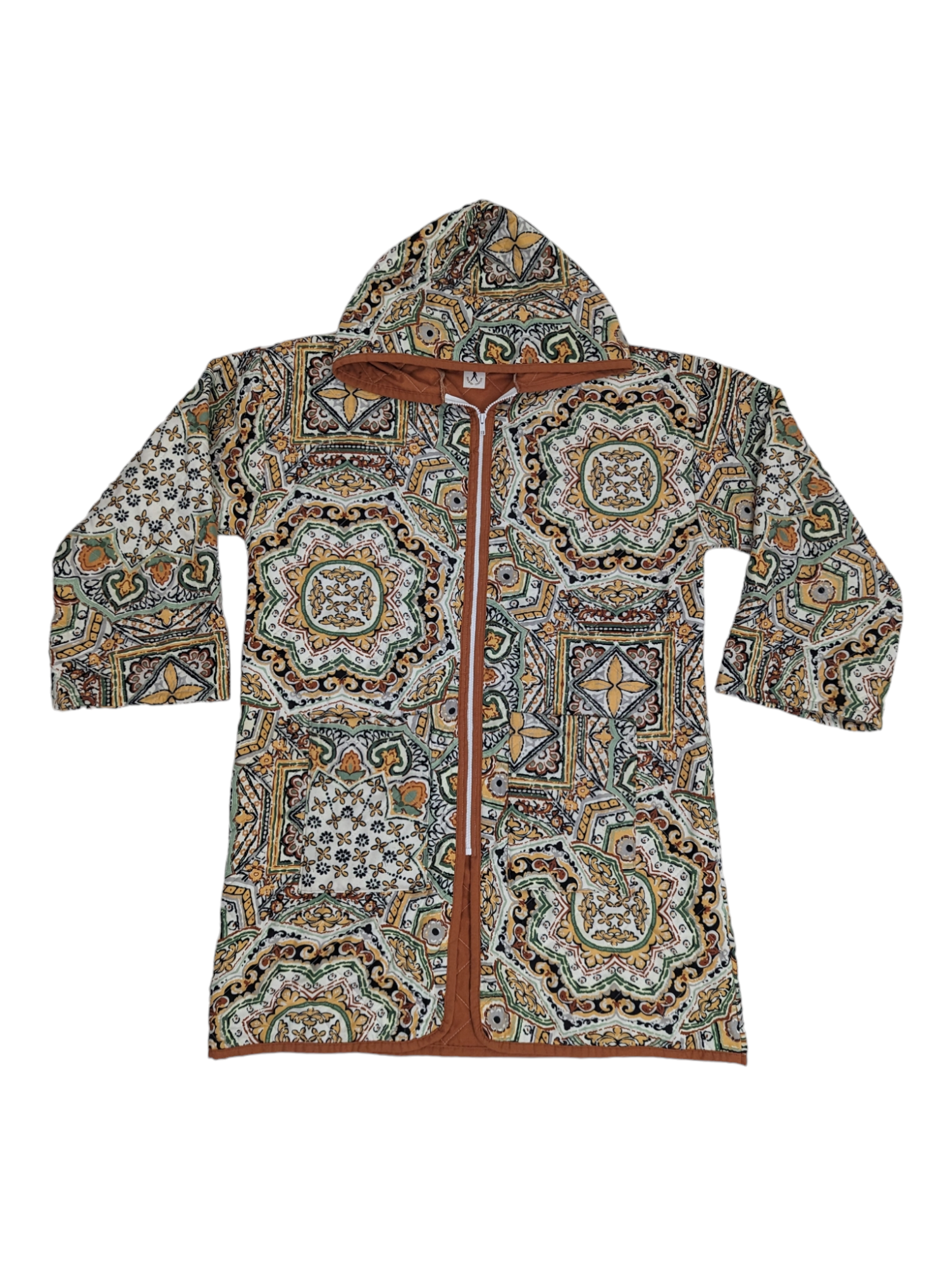 Front view of psychedelic patterned upcycled blanket hoodie.