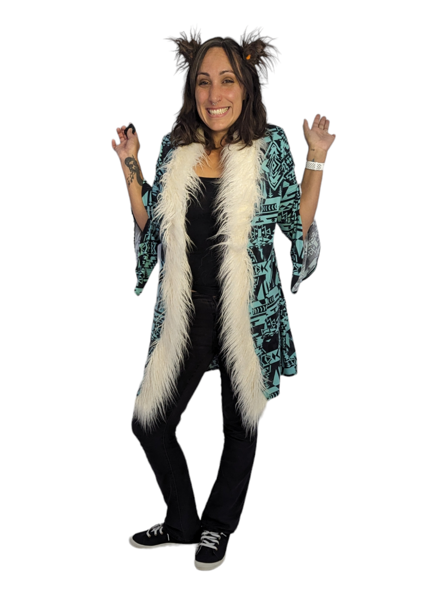 Front view of woman wearing fur lined jacket.