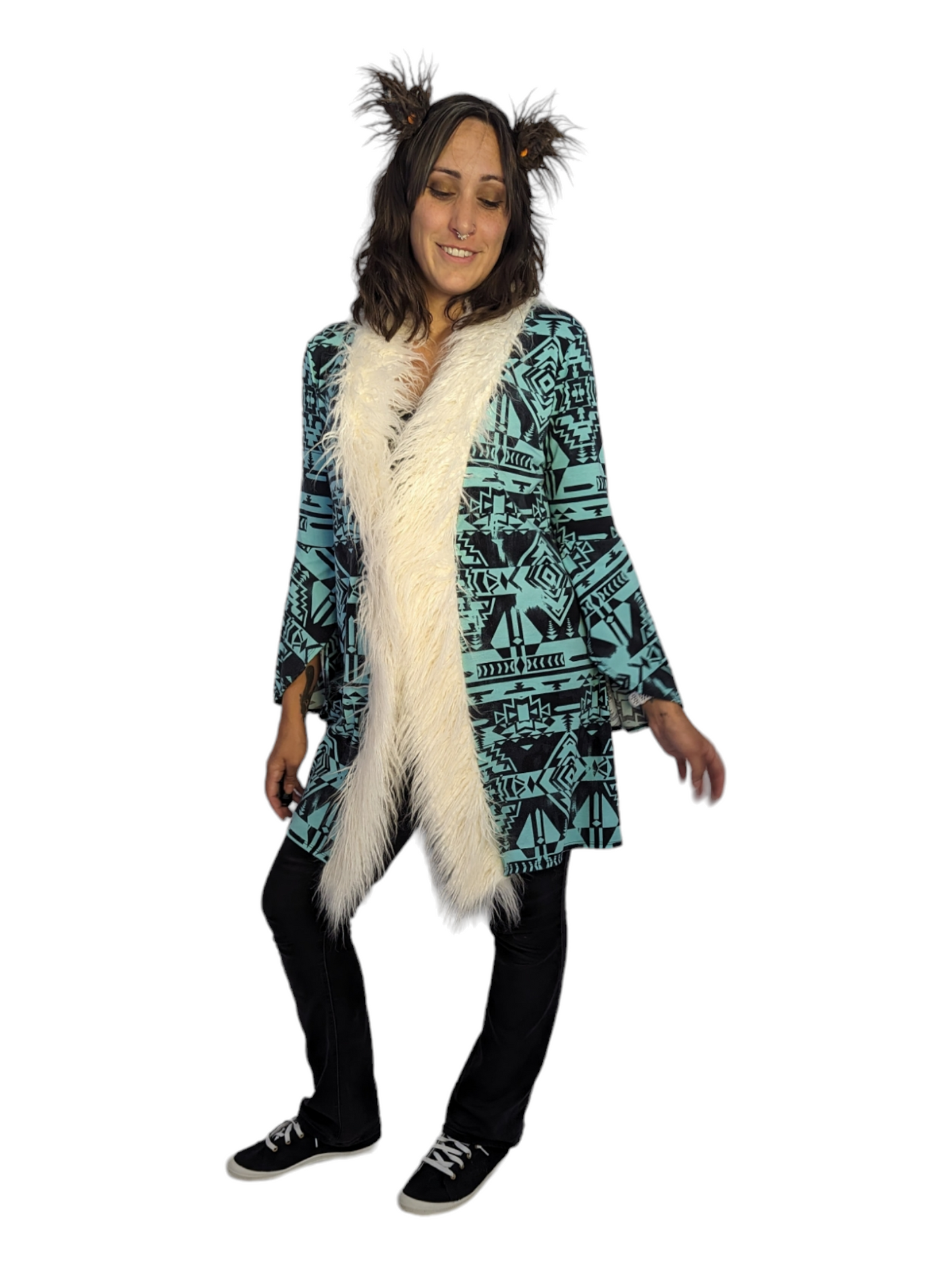 Front view of woman wearing penny lane coat.