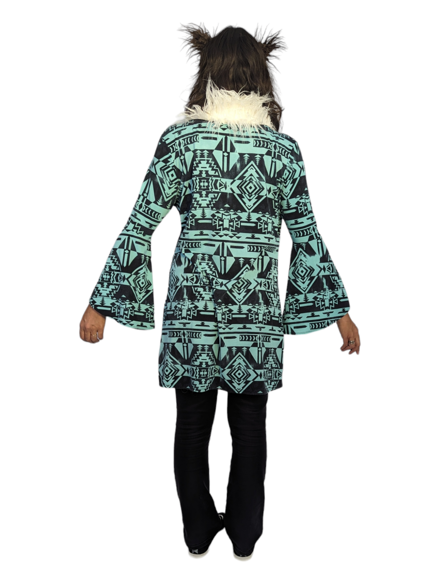 Rear view of woman wearing penny lane coat for music festivals.