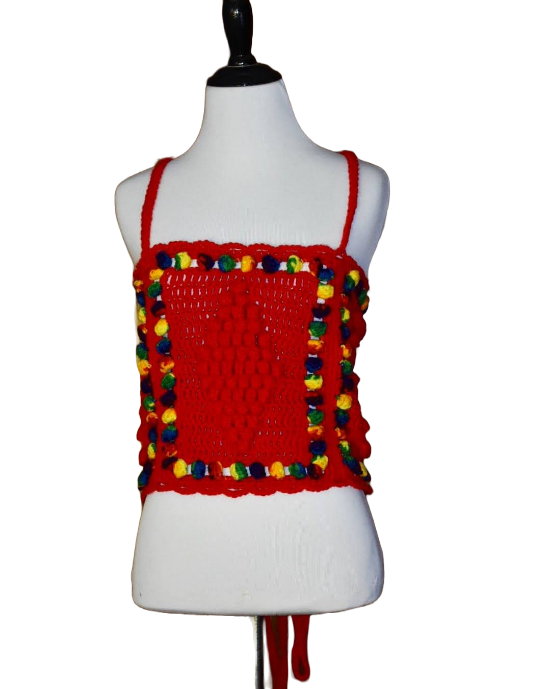 Front view of red rainbow festival crochet top.