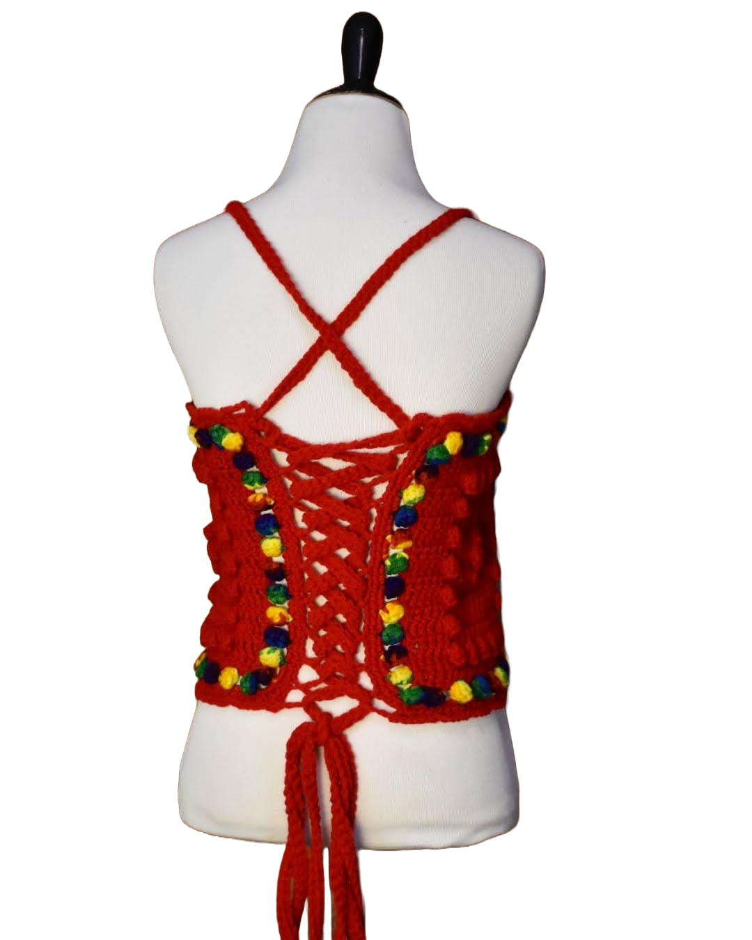 Back view of music festival crochet top with lace-up back closure.