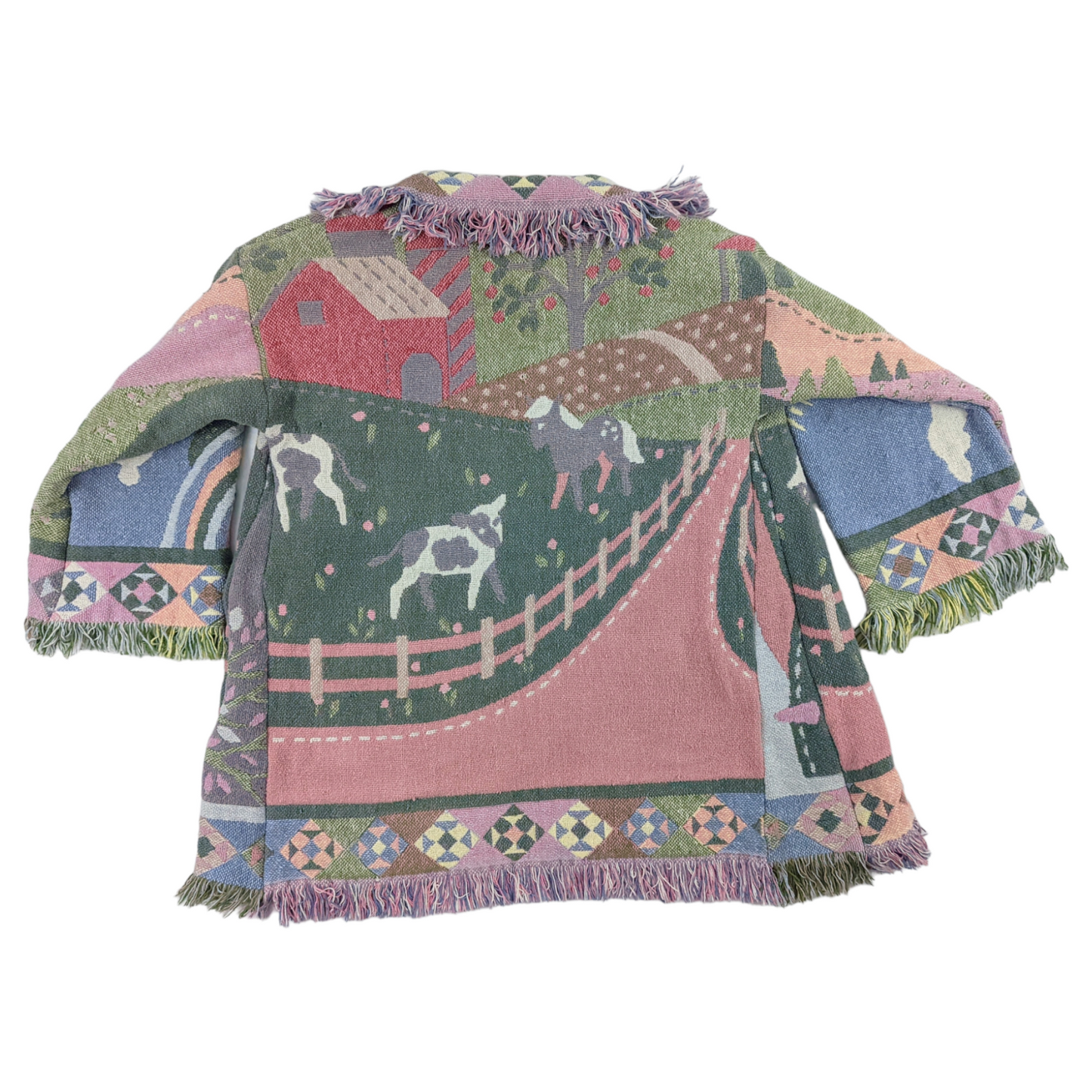 Flat lay of the back of a tapestry blanket coat with images of farm in pastel.