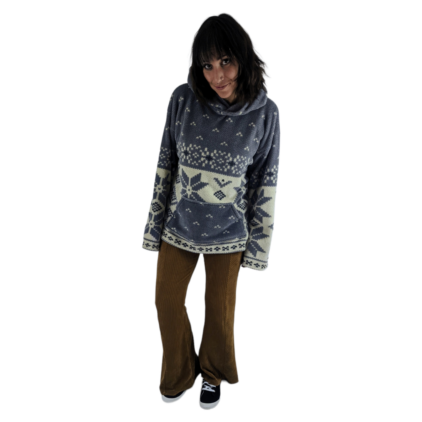 Model wearing realistic crochet print fleece hoodie.