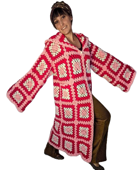 Pink granny square recycled clothing big and tall overcoat.