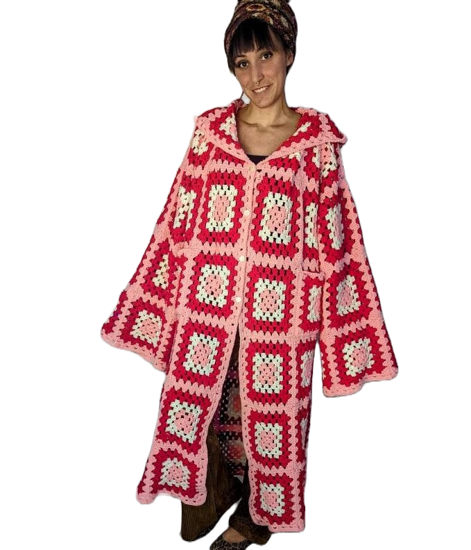 Recycled clothing overcoat made from a pink granny square blanket.